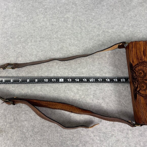 Handmade Owl Tooled Crossbody Leather Bag Brown Small Adjustable Strap - Picture 9 of 15
